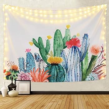 Martine Mall Cactus Wall Tapestry, Watercolor Saguaro Tapestry Wall Hanging, Tropical Landscape Desert Succulent Plant Tapestry for Home Decor