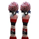 USA Majek Golf #3 & 4 Hybrid Headcovers Pom Pom Knit Limited Edition Vintage Classic Traditional Flag Stars Red White Blue Stripes Retro Head Cover