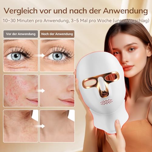 ONLUKY LED Face Mask Anti-Ageing, Rechargeable Red Light Therapy Mask Face with Infrared, USB-C Charging, 120 LED Beads, No Power Cable for Home, Travel and Yoga (Including Neck Attachment), Gold