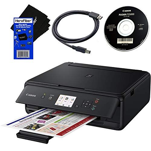 Canon PIXMA TS5020 Wireless All-in-One Compact Inkjet Printer with Print, Scan, Copy (Black) + Set of Ink Tanks + USB Printer Cable + HeroFiber Ultra Gentle Cleaning Cloth