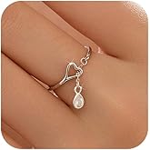 IPEPPY 925 Sterling Silver Love Heart Dangle Chain Ring with CZ for Women Cute Adjustable Teardrop Birthstone Crystal Open Finger Knuckle Stacking Ring Promise Eternity Rings Jewelry for Her