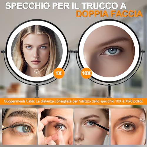 MEKOTRIN Makeup Mirror with Lights, Magnifying Mirror 10x 360° Rotation with 3 Coloured Lights Adjustable Brightness, Double-Sided Makeup Mirror for Personal Care and Makeup