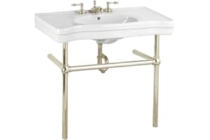Renovators Supply Manufacturing Wall Mount Bathroom Sink – 35.5" Wide Belle Epoque White Porcelain Console Sink with 8" Widespread Faucet Holes, Pedestal Style, Brass Metal Legs in Satin Nickel Finish