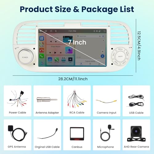 [6G+128G] Inefala Android 15 Car Radio for Fiat 500 2007-2015 with Wireless Carplay Android, 7 Inch Touchscreen Radio with GPS Navigation WiFi RDS/FM Bluetooth EQ SWC Rearview Camera Mic (White)