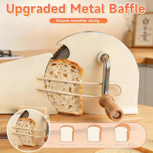 Manual Bread Slicer for Homemade Sourdough, Adjustable Thickness and Foldable Base, Stainless Steel Serrated Blade, with Engraved Scale Line Bread Guide Hand Crank Bread Cutter