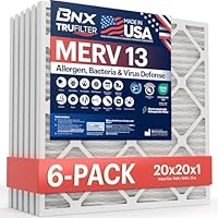 BNX TruFilter 20x20x1 Air Filter MERV 13 (6-Pack) - MADE IN USA - Electrostatic Pleated Air Conditioner HVAC AC Furnace Filters for Allergies, Pollen, Mold, Bacteria, Smoke, Allergen, MPR 1900 FPR 10