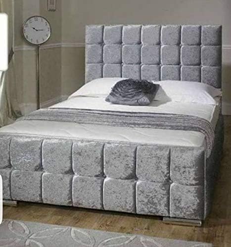 QBDLimited NEW Cubed Crushed Velvet Upholstered Bed - 3ft, 4ft, 4ft6, 5ft - Available in 6 colours! With Diamantes or Matching Buttons! (5FT KINGSIZE, SILVER CRUSH)