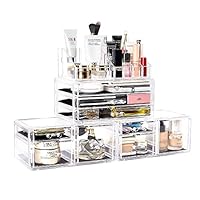 DreamGenius Makeup Organizer 4 Pieces Acrylic Jewelry and Cosmetic Storage Display Boxes with 9 Drawers