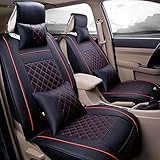 Super PDR Universal Fit car Seat Covers Set PU Classic Leather Seat Covers 5 seats Full Set Front Rear Car Bucket Anti-Slip Easy to Clean (Black&Red L)