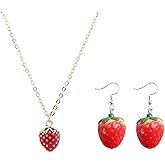 FUTIMELY 4 Pcs Strawberry Jewelry Set for Women - Red Strawberry Necklace, Earrings, Ring, Bracelet - Cute Food Fruit Charm Jewelry Gift