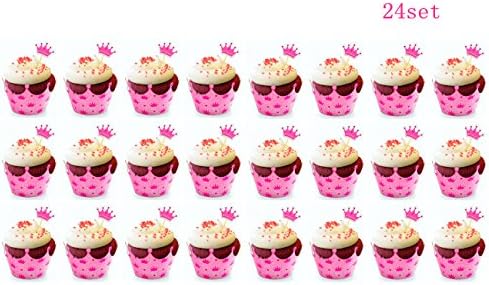 Cupcake Toppers and Wrappers for Girl Birthday , BLHEM Crown Tiara Princess Party Cupcake Wrappers With Picks - Cupcake Kit – Cute Girl Party Supplies, Pink– Set of 24 (PRINCESS)