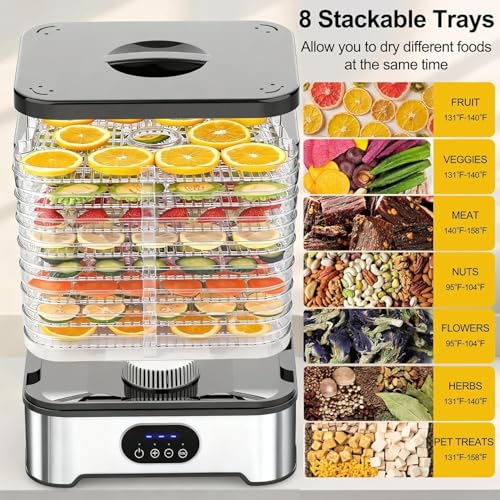 Hcosmy Food Dehydrator Machine, 8 BPA‑Free Trays Food Dryer, Adjustable 72H Timer & Temperature Levels F1-F3 (35‑70°C), Kitchen Drying Machine for Fruit, Vegetables, Meat, Healthy Snacks & Dog Treats