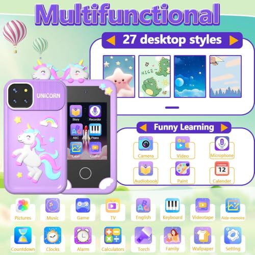 Kids Smart Phone Toys with Case, Dual Camera Travel Toys Educational Games, 2.8" Touchscreen 16 Learning Games Music Player, 32G TF Card, Gifts for 3-7 Year Old Girls Boys (Purple)