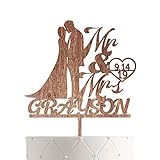 Personalized Wedding Cake Topper With Customized Bride and Groom Last Name or Marriage Date for Mr Mrs (Walnut)