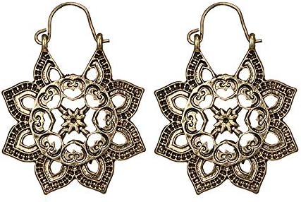 Womens Vintage Bohemian Antique Hollow Out Large Flower Long Dangle Ear Stud Earrings Retro Style Silver Gold (Gold Love Pattern)