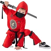 Udekit Deluxe Red Ninja Costume with Weapon Ninja Sword, Hood Pant Ribbons for Kids Halloween Cosplay