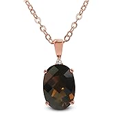 KOKAV 14K Rose Gold Genuine Smoky Quartz Oval Diamond Pendant Necklace