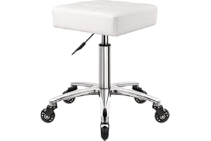 WKWKER Square Heavy Duty Rolling Stool with Wheels Hydraulic Swivel Adjustable Rolling Stool Ergonomic Thick Leather Seat Stool Chair for Kitchen Drafting Lab Office Salon Message Stool – White