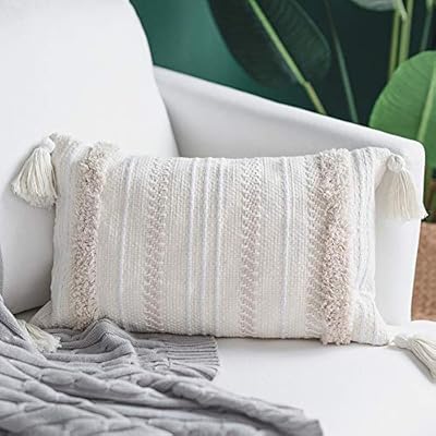 blue page Lumbar Small Decorative Throw Pillow Covers for Couch Bedroom Sofa Embroidery Pillow Cases Cream Zipper Rectangle Pillows Cover with Fringe Tassels (12"X20")