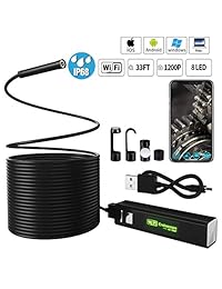 Endoscopio inalámbrico, SYtechy WiFi Borescope 1200P HD, cámara de serpiente semirrígida de 2.0 megapíxeles con 8 luces LED para Android y iOS Smartphone, iPone, Samsung, Tablet, PC 33FT