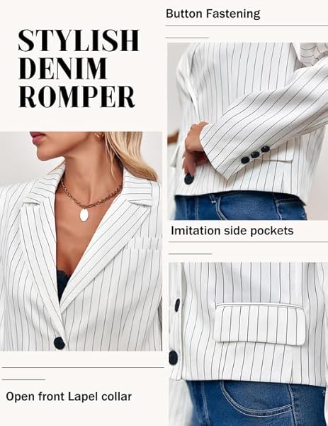 CICY BELL WOMENS CROPPED STRIPED BLAZER CASUAL LONG SLEEVE LAPEL BUTTON DOWN WORK BLAZER JACKETS WHITE