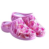 backdoorshoes Waterproof Premium Garden Clogs with Arch Support -Pink Rose Design (8, Pink Roses)