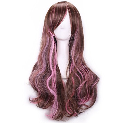 TINYUNICORN Sexy Big Wave Inclined Bang Wig Long Curly Brown Hair Mixed Color Highlights Fluffy Air Volume