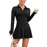 ECUPPER Women Long Sleeve Tennis Dress Polo Collared Workout Dress V Neck Athletic Golf Dresses with Shorts for Active Sports