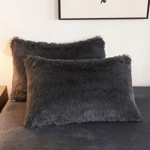 CRESTED Shaggy Plush Faux Fur Pillow Shams 2 Pack Fluffy (KingDark