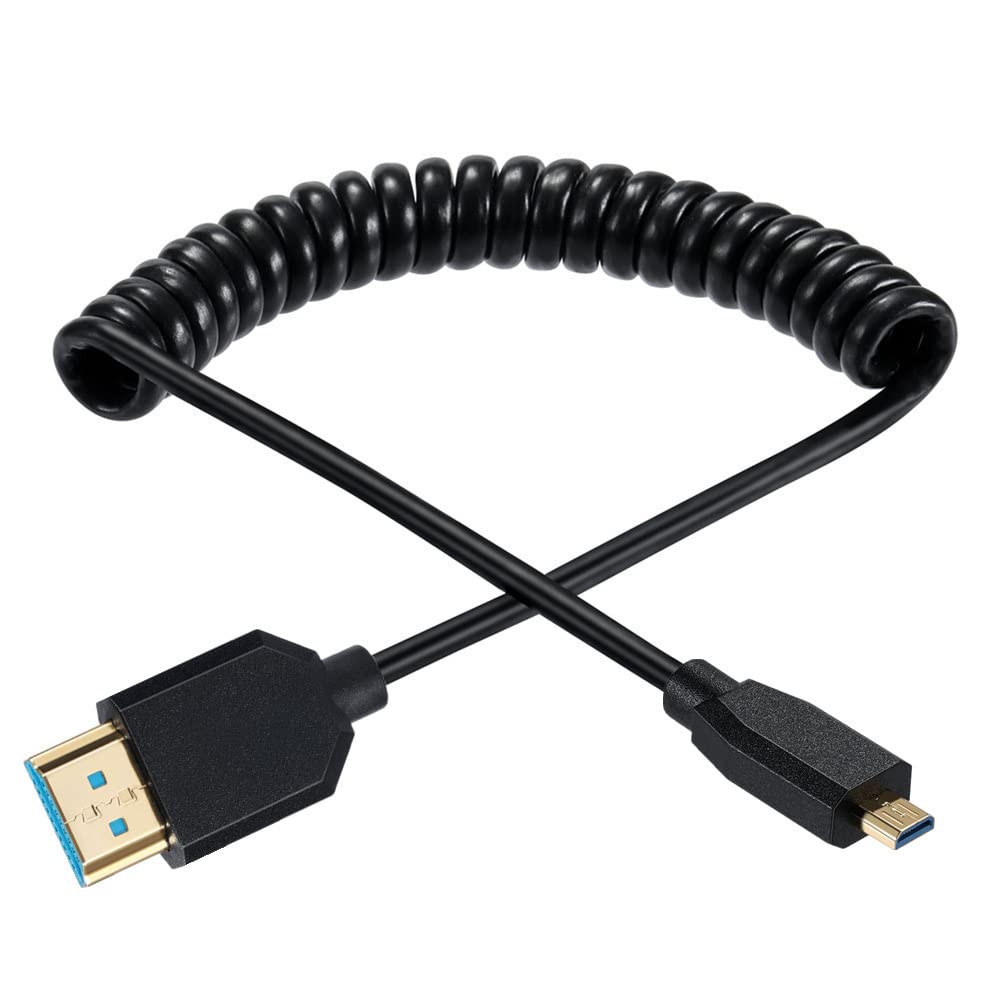 Gold Micro HDMI to HDMI 2.1 Coiled Cable, 8K@60Hz 4K@120Hz 48Gbps Ultra Thin Hdmi Male to Micro Hdmi Male Spring Cable, Support Dynamic HDR, for Digital Camera, Video HD Call, Game.4FT/1.2M (Straight)