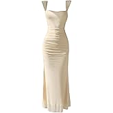 Milumia Women's Ruched Square Neck Sleeveless Bodycon Maxi Dress Mesh Long Dresses