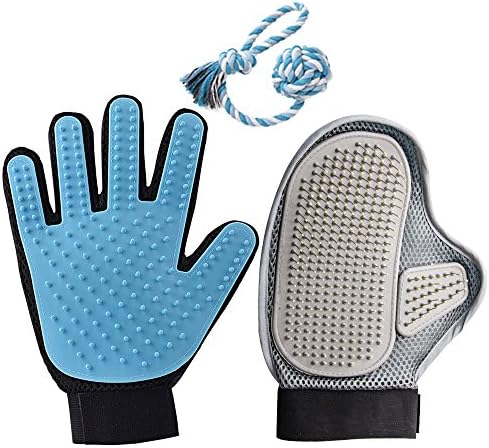 World Backyard Pet Grooming Gloves Brush Deshedding Tool Fur Hair Removal Bathing Massage Brush Cotton Rope Toy for Dogs Cats Rabbit (Blue)