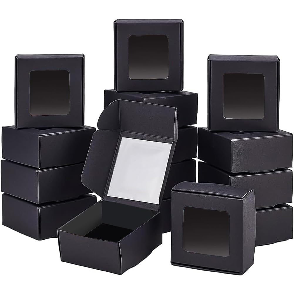 BENECREAT 30 Pack Kraft Paper Boxes with Clear Window 6.5x6.5x3cm Black Gift Packaging Boxes for Bakery Cookies Cake Candy Wedding Party Favors