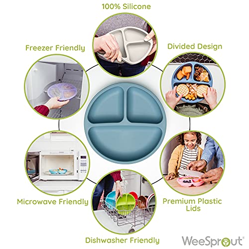 WeeSprout NonSuction Silicone Divided Plates (With Lids), 100 Food