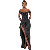 KIRGNT Sparkly Sequin Prom Dress for Women Off The Shoulder Satin Ruffle Formal Evening Party Gowns