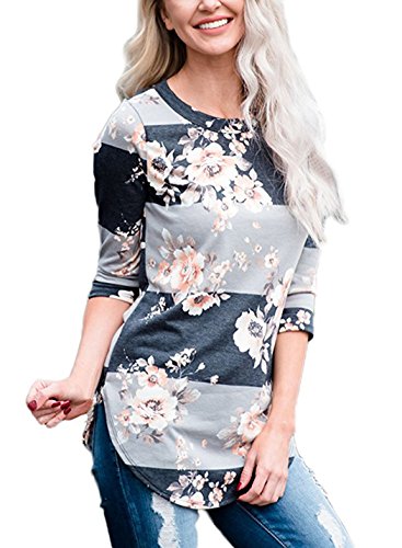 iGENJUN Women's 3/4 Sleeve Floral Casual Knit Top Blouse ,S,Floral-5