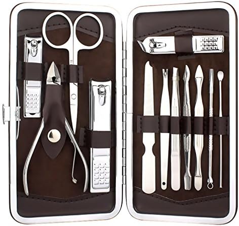Manicure Set, Pedicure Kit, Nail Clippers Set of 12Pcs, Professional Grooming Kit, Nail Tools with Luxurious Travel Leather Case,12 in 1 Stainless Steel Professional Nail Clipper Travel Set (Coffee-1)