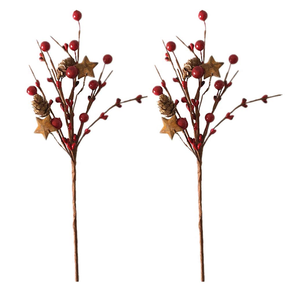 Amosfun 2pcs Christmas Artificial Pine Berries Branches Christmas Red Berries Stems Flower Arrangements Decorative Ornament Vines for Party Home DIY Crafts