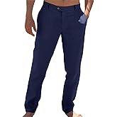 Runcati Mens Casual Pants Elastic Waist Linen Lightweight Straight-Legs Loose Fit Summer Beach Yoga Trousers