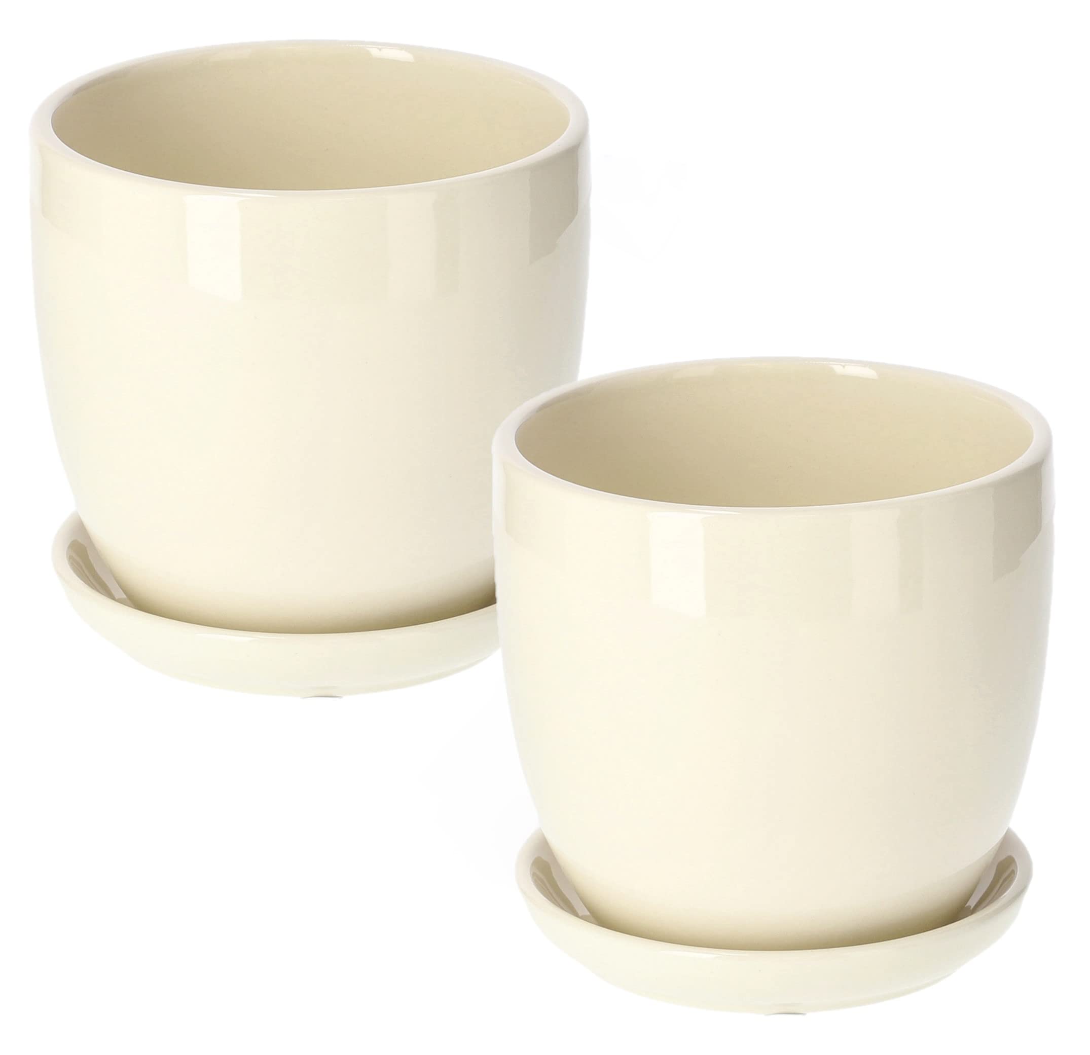 KOTARBAU® Set of 2 Ceramic Flower Pots Planters for Flowers Plants Diameter 13 cm with Drip Tray Beige