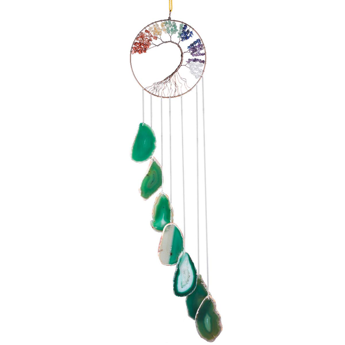 KYEYGWO 7 Chakra Healing Crystal Wall Hanger Ornament Handmade Tree of life with Green Agate Slice Wind Chime for Window Home Wedding Souvenir Decoration