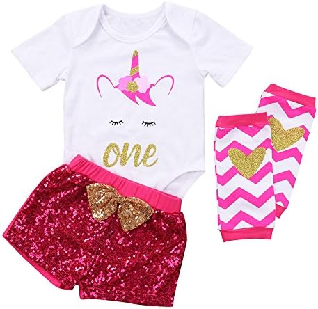 Girls Unicorn First Birthday Outfit, Infant Baby Girls Romper Tops+Sequins Shorts Clothes Set (6-12 Months)