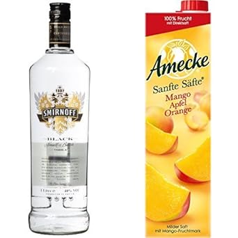 Smirnoff Black Label Vodka (1 x 1 l) mit Amecke Sanfte Säfte Mango-Apfel-Orange - 100%, 6er Pack (6 x 1 l)