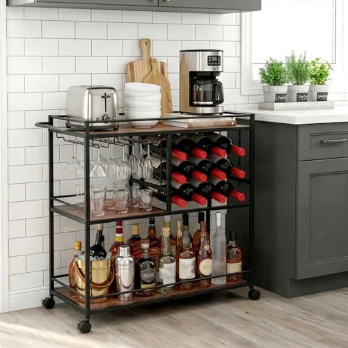 Carrito Organizador con Ruedas,Carrito Auxiliar,Carrito de Servicio Tipo Bar,Mueble Cantina Bar para Casa de 3 Niveles,Ruedas Bloqueables,para 12 Botellas y Copero,Multiusos para Cocina,Sala y Fiestas