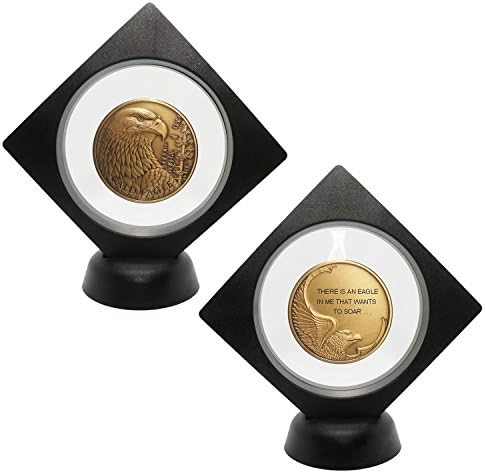 Bundle-2 items-(1) Ea - Personalized Custom Engraved Bald Eagle Premium Bronze - Challenge Coin - Medallion - 1 7/8 in (47mm) Round-(1) Ea Black Suspended 3D Floating Frame Display Case-Stand Holder