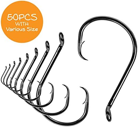 GOBAIT | 50 Pcs Octopus Circle Fishing Hook Set for Large Catfish Saltwater and Freshwater Fish with 10 Various Sizes | Barbed Up Closed Eye | Metallic Grey Carbon Steel | 1439