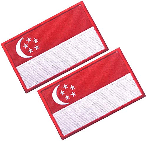 HFDA 2 Piece Different Country Flags Patch - Tactical Combat Military Hook and Loop Badge Embroidered Morale Patch (Singapore)