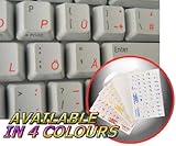 GERMAN KEYBOARD STICKERS WITH RED LETTERING ON TRANSPARENT BACKGROUND