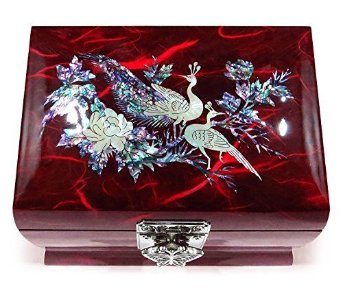 MADDesign-RA-058-Music-Box-Jewelry-Ring-Organizer-Wood-Mother-of-Pearl-Inlay-Peacock-Red