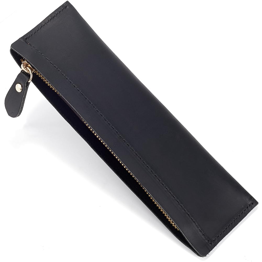 GORGECRAFT Genuine Leather Pen Pouch Handcrafted Leather Tool Case with Zipper Closure Vintage Black Crazy Horse Leather Pen Bags Fountain Pen Holder for Men Women Office Stationery Storage Supplies